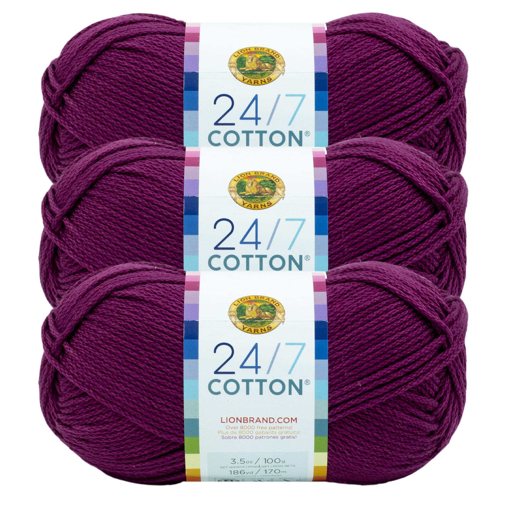(3-pack) Lion Brand Yarn 761-146 24/7 Cotton Yarn, Beets - Purple